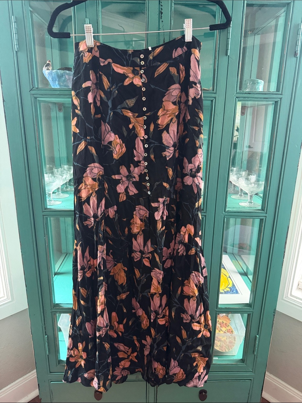 Free People Smooth Sailing Maxi Skirt with Pink & Mustard Blooms - EUC - 6 - Picture 3 of 5